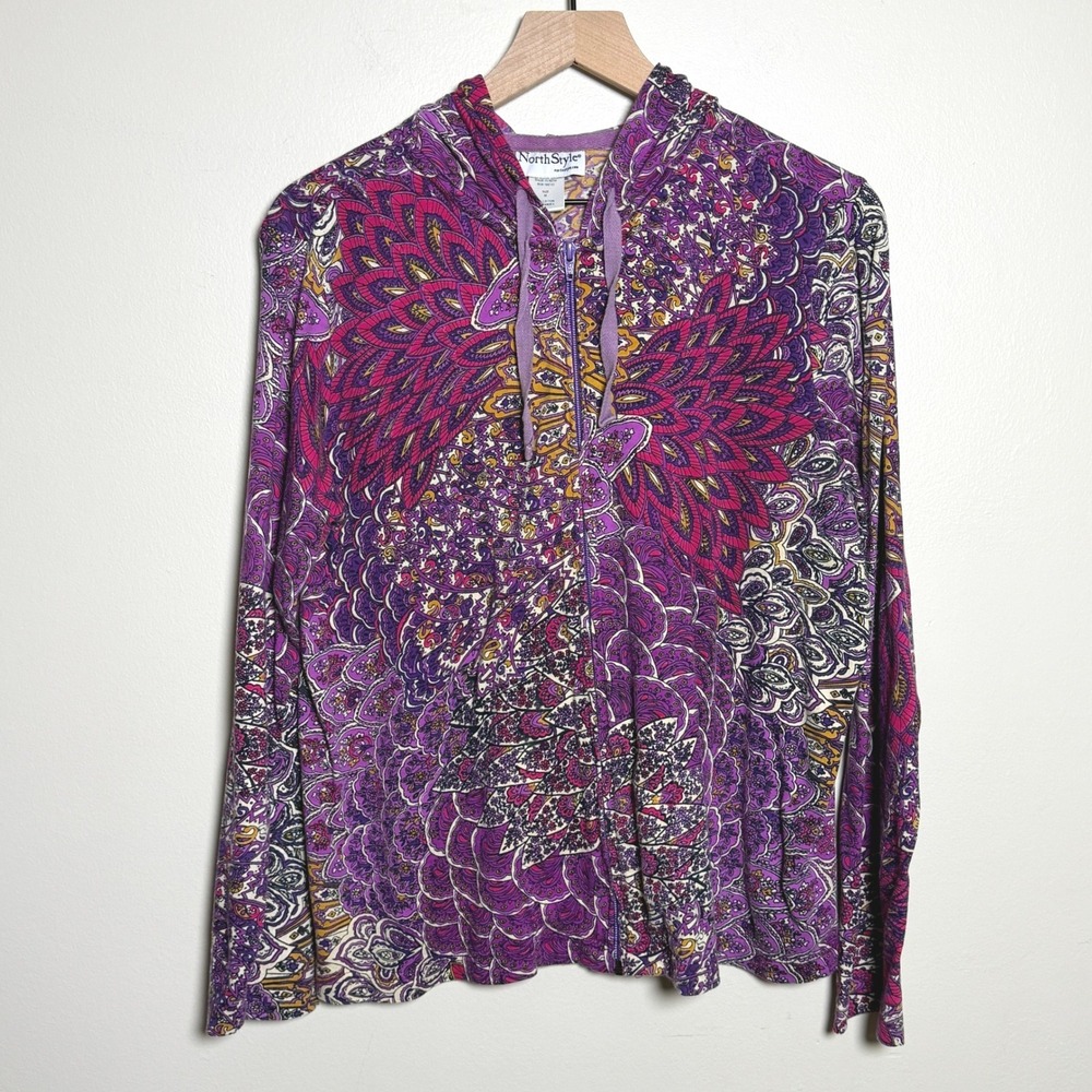 NorthStyle Purple Mandala Paisley Zip Up Hoodie Cotton Blend Womens M Artsy Boho